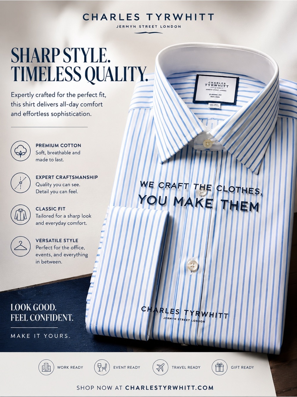 Charles Tyrwhitt Blue and White Stripe Dress Shirt